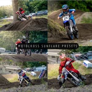 May include: A collage of four images featuring motocross riders in action on a dirt track. The riders are wearing helmets and goggles, and their motorcycles are adorned with numbers. The images are set against a backdrop of trees and greenery. The text "MOTOCROSS SUNFLARE PRESETS" is superimposed on the images.
