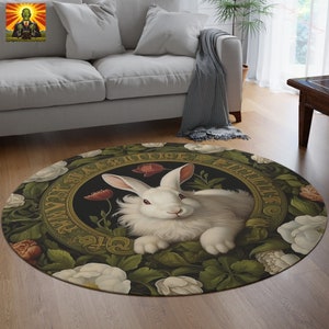 William Morris Rabbit Round Rug, white rabbit Morris rug, Morris tulips rug, Morris rabbit home decor, rabbit round area rug, bunny area rug