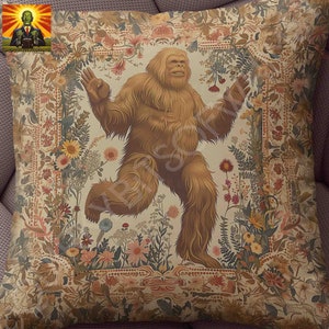 May include: A throw pillow with a floral pattern featuring a brown Bigfoot-like creature walking through a field of flowers.