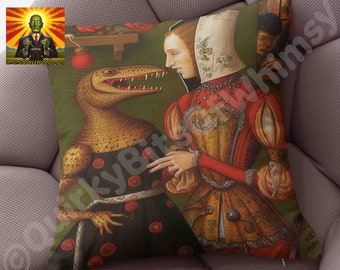 Medieval Dinosaur Pillow, full pillow or case only, Spun Polyester or Faux Suede cover, Renaissance art, weird pillow gift, funny accent