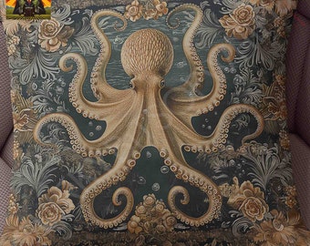 William Morris Octopus Pillow, full pillow or case only, Spun Polyester or Faux Suede, beach ocean seaside coastal underwater indoor decor