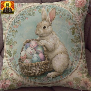 May include: A white bunny rabbit holding a basket filled with colorful Easter eggs. The basket is woven and has a brown handle. The bunny is sitting on a light blue background with a floral pattern.