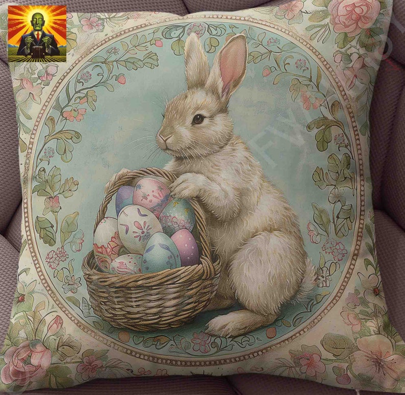 May include: A white bunny rabbit holding a basket filled with colorful Easter eggs. The basket is woven and has a brown handle. The bunny is sitting on a light blue background with a floral pattern.