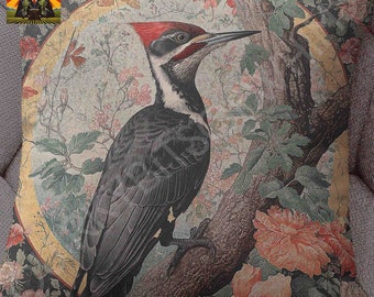 William Morris Woodpecker Pillow, full pillow or case only, Spun Polyester or Faux Suede, Morris bird pillow, Pileated woodpecker decorative