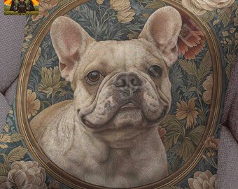 William Morris French Bulldog Pillow, full pillow or case only, Spun Polyester or Faux Suede, William Morris dog decor, Morris Frenchie