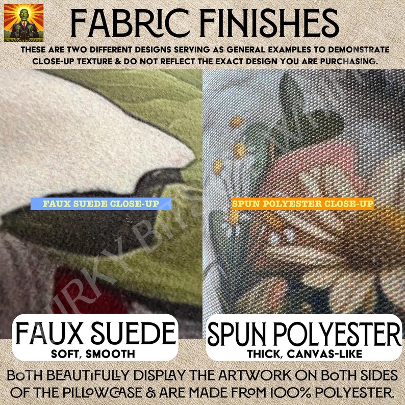 May include: Close-up of two fabric swatches, one faux suede and one spun polyester. The faux suede is soft and smooth, while the spun polyester is thick and canvas-like. Both fabrics are 100% polyester and are suitable for pillowcases.