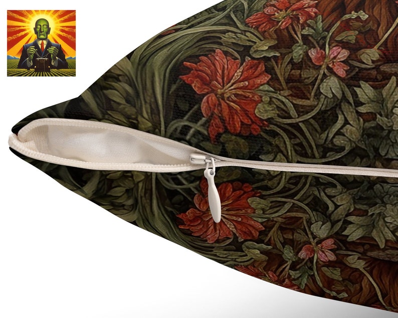 May include: A throw pillow with a zipper closure features a dark green, brown, and red floral pattern. The pattern includes stylized flowers and leaves.