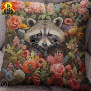 William Morris Raccoon Pillow- full pillow or case only, Spun Polyester or Faux Suede cover, William morris pillow, floral raccoon pillow
