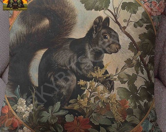 May include: A square throw pillow featuring a circular print of a dark brown squirrel with a bushy tail, positioned among green leaves, yellow flowers, and reddish-brown foliage. The design is enclosed within a thin gold-colored circular border.