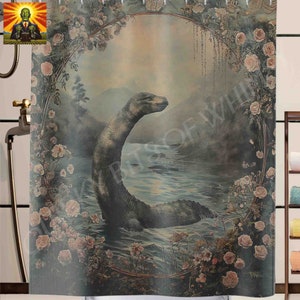 May include: A vintage-style illustration of a large, green sea serpent swimming in a lake. The serpent is surrounded by a floral border of pink and white flowers.