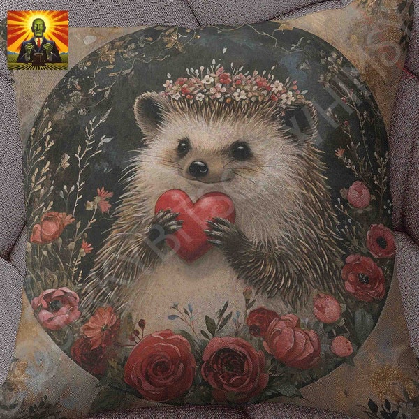 William Morris Valentine's Day Hedgehog Pillow, full pillow or case only, Spun Polyester or Faux Suede, Morris hedgehog throw, hedgehog love