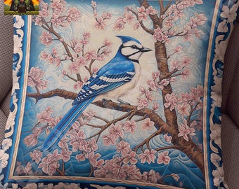 William Morris Blue Jay Floral Pillow, full pillow or case only, Spun Polyester or Faux Suede, Morris Cherry Blossoms decorative bird throw