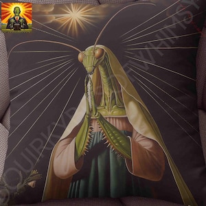 May include: A green praying mantis wearing a white and brown robe with a halo of light above its head. The mantis is depicted in a religious style, similar to a painting of the Virgin Mary.