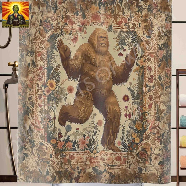 Happy Bigfoot Shower Curtain: Whimsical Sasquatch Cryptid Bathroom Decor