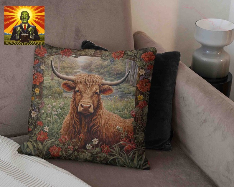 May include: A throw pillow with a brown and white Highland cow in a field of flowers. The cow is looking directly at the viewer. The pillow has a green, brown, and red floral border.
