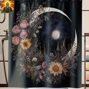 Dark Floral Moon Shower Curtain: Boho Cottagecore Bathroom Decor