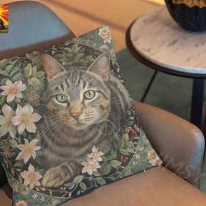 William Morris Tabby Cat Pillow, full pillow or case only, Spun Polyester or Faux Suede, Morris Floral pillow, Morris cat decorative throw image 6
