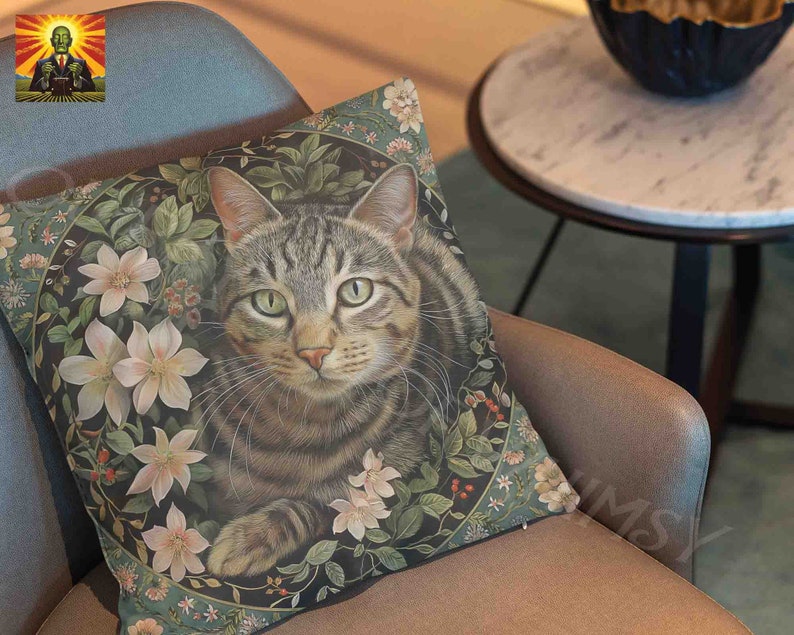 William Morris Tabby Cat Pillow, full pillow or case only, Spun Polyester or Faux Suede, Morris Floral pillow, Morris cat decorative throw image 6