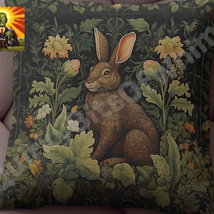 William Morris Rabbit Floral Pillow- full pillow or case only, Spun Polyester or Faux Suede cover, William morris pillow, rabbit pillow case