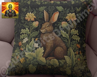 May include: A square throw pillow featuring a central brown rabbit surrounded by detailed green foliage and yellow flowers against a dark background. The design includes a small inset image in the top left corner showing a green figure in a suit.
