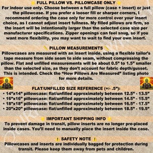 May include: A guide to choosing between a full pillow and a pillowcase only. The text explains that pillowcases are measured with an insert inside and provides a size reference for flat/unfilled pillowcases in inches. It also mentions that pillow inserts are no longer pre-placed inside cases and that pillowcases and inserts are individually bagged for protection during transit.