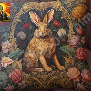 William Morris Floral Rabbit Pillow, full pillow or case only, Spun Polyester or Faux Suede cover, William morris pillow, Morris rabbit