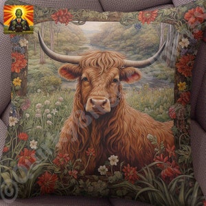 William Morris Highland Cow Pillow: full or case only, spun polyester or faux suede