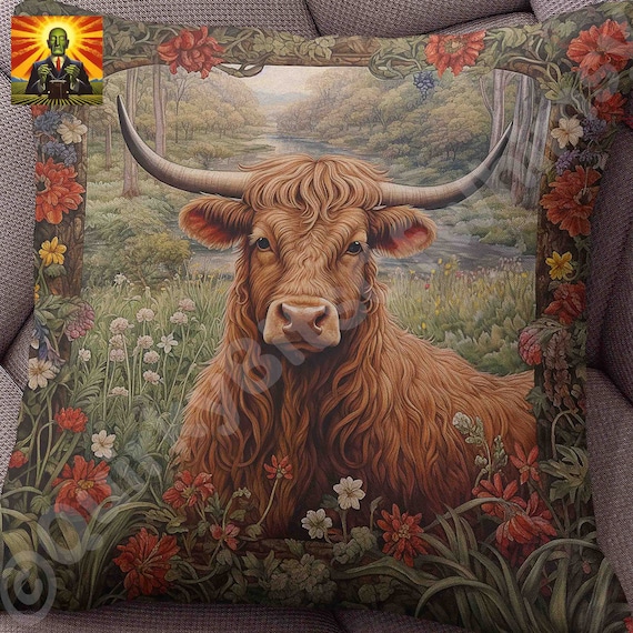 William Morris Highland Cow Pillow: full or case only, spun polyester or faux suede