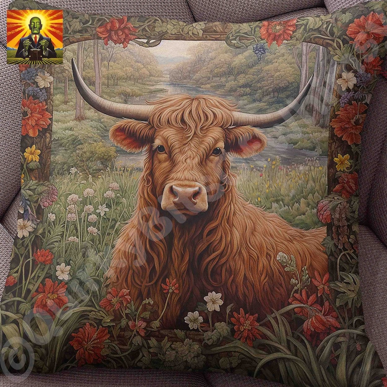 May include: A brown Highland cow with long, curly hair stands in a field of wildflowers. The cow is looking directly at the viewer. The background is a lush green forest with a stream running through it.