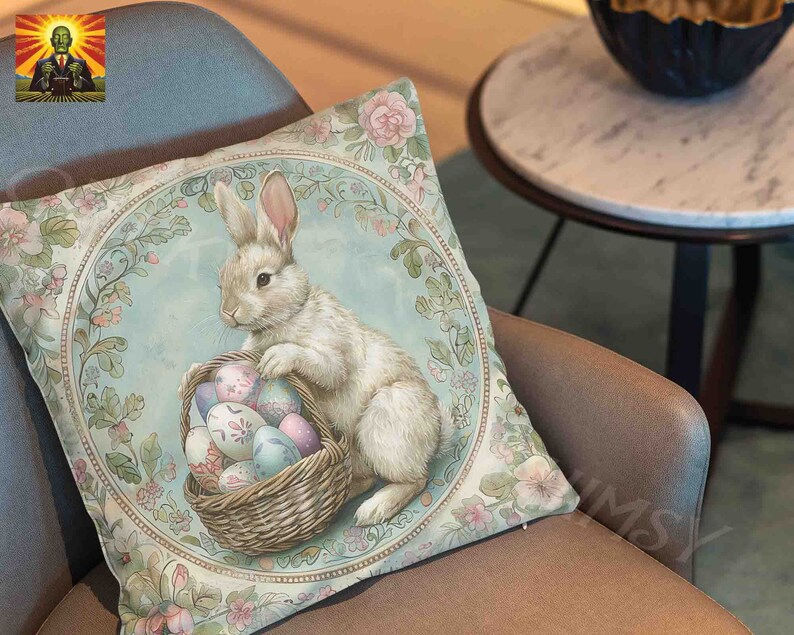 May include: A decorative pillow featuring a white rabbit holding a basket of colorful Easter eggs. The pillow has a light blue background with floral designs and a gold border.