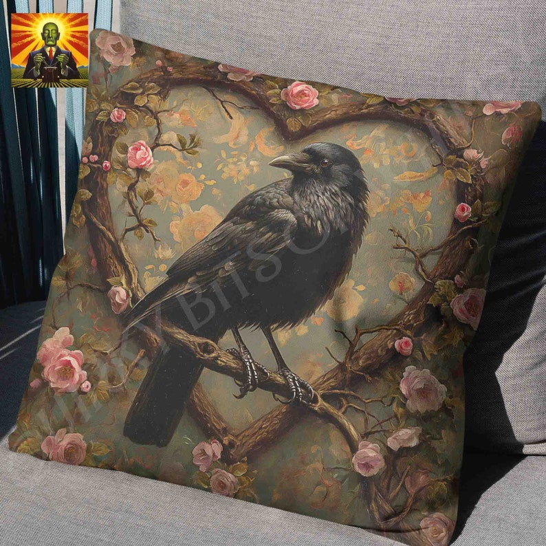 May include: A black crow perched on a branch with a heart-shaped frame of roses and vines. The background is a vintage floral pattern in shades of green, blue, and pink.