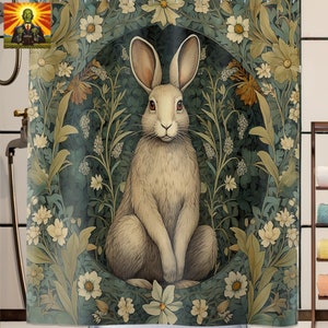 William Morris Rabbit Shower Curtain, William morris shower curtain, William Morris white rabbit decor, William morris floral shower curtain