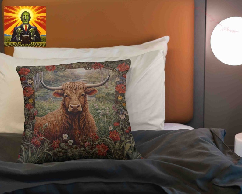 May include: A brown and white Highland cow stands in a field of wildflowers. The cow is surrounded by green grass and trees. The image is a close-up of the cow's head and neck.