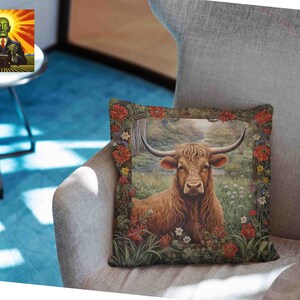May include: A brown and white Highland cow with long horns stands in a field of wildflowers. The cow is surrounded by green trees and a stream. The image is framed by a border of red and white flowers.