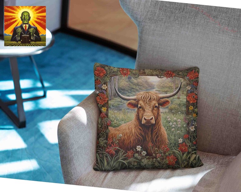 May include: A brown and white Highland cow with long horns stands in a field of wildflowers. The cow is surrounded by green trees and a stream. The image is framed by a border of red and white flowers.