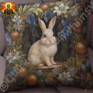 William Morris Christmas Bunny Pillow- full pillow or case only, Spun Polyester or Faux Suede cover, morris rabbit pillow, Christmas pillow