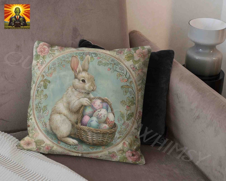 May include: A decorative throw pillow with a vintage illustration of a white rabbit holding a basket of colorful Easter eggs. The background is a blue and green floral pattern.