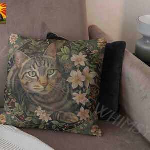 William Morris Tabby Cat Pillow, full pillow or case only, Spun Polyester or Faux Suede, Morris Floral pillow, Morris cat decorative throw image 7