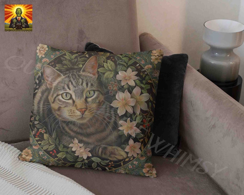 William Morris Tabby Cat Pillow, full pillow or case only, Spun Polyester or Faux Suede, Morris Floral pillow, Morris cat decorative throw image 7