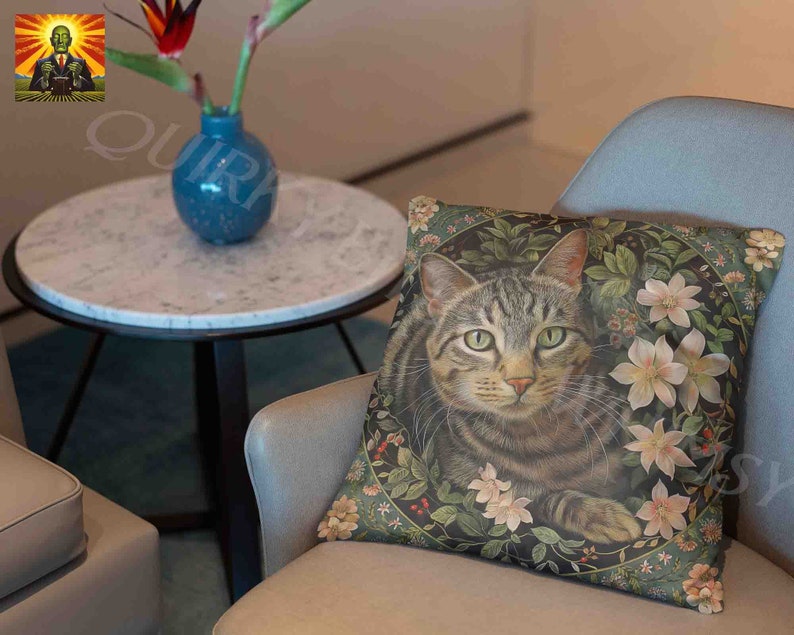 William Morris Tabby Cat Pillow, full pillow or case only, Spun Polyester or Faux Suede, Morris Floral pillow, Morris cat decorative throw image 3