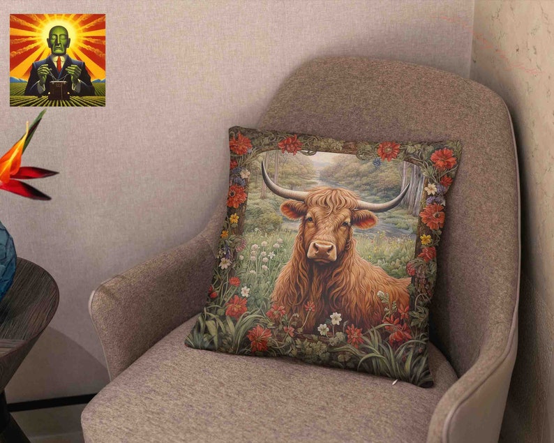 May include: A brown and white Highland cow with long horns stands in a field of green grass and wildflowers. The cow is surrounded by a border of red, white, and green flowers. The image is printed on a throw pillow.