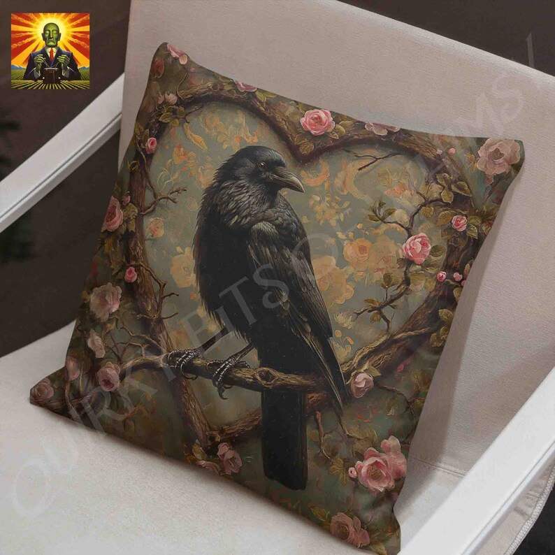 May include: A black crow perched on a branch with pink roses in a heart-shaped frame. The background is a vintage floral pattern.