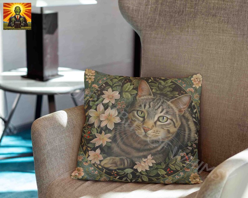 May include: A square throw pillow featuring a detailed illustration of a brown tabby cat centered within a circular frame. The cat is surrounded by light pink flowers, green leaves, and small red berries against a dark green background.