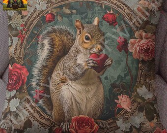 William Morris Valentine&#39;s Day Squirrel Pillow, full pillow or case only, Spun Polyester or Faux Suede, Morris squirrel throw, Morris decor