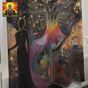 May include: A black and gold shower curtain with a colorful abstract design featuring a silhouette of a person standing in front of a large, colorful flower. The design is reminiscent of a psychedelic art style.