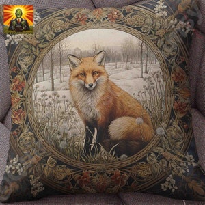 William Morris Winter Fox Pillow, full pillow or case only, Spun Polyester or Faux Suede cover, William morris fox pillow, tapestry pillow