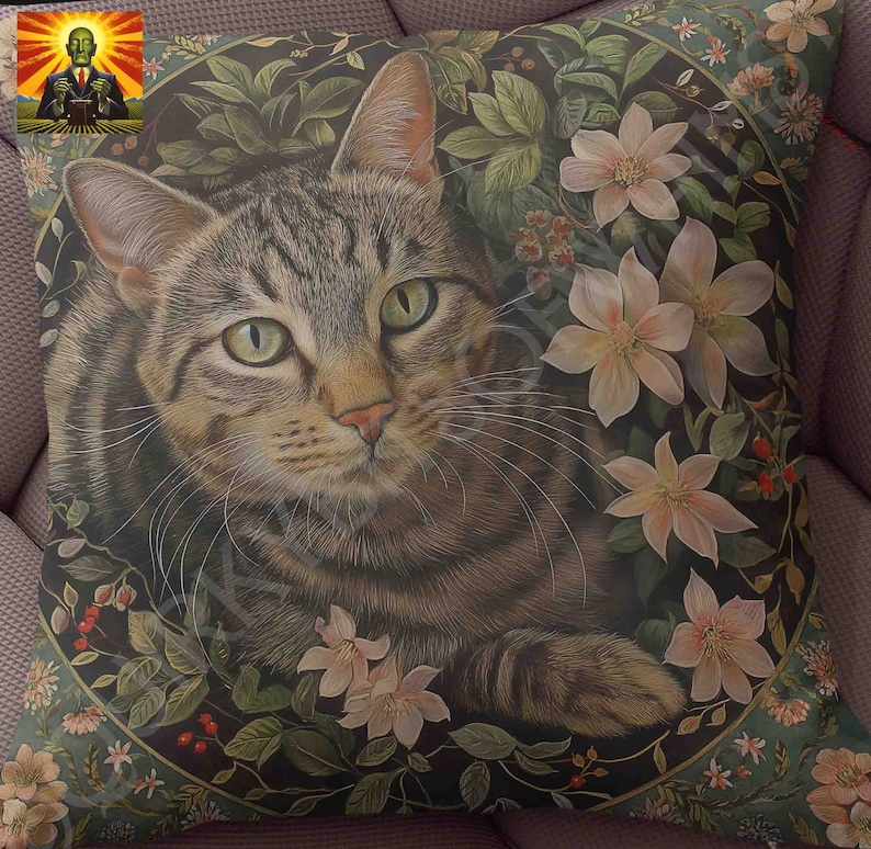May include: A square throw pillow featuring a detailed illustration of a brown tabby cat with green eyes. The cat is centered within a circular frame surrounded by light pink flowers, green leaves, and small red berries against a dark background.