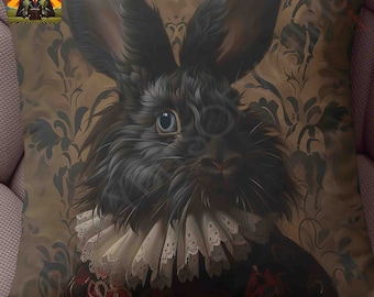 Elizabethan Black Rabbit Pillow, full pillow or case only, Spun Polyester or Faux Suede, rabbit portrait, fancy lionhead rabbit portrait