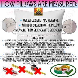 May include: An instructional graphic titled HOW PILLOWS ARE MEASURED showing a white pillow with a flexible tape measure spanning from side seam to side seam. It includes text instructions, a logo, and visual examples of correct and incorrect measuring tools.
