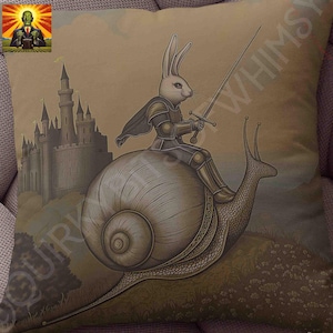Medieval Rabbit Rides Snail Pillow: full or case only, spun polyester or faux suede